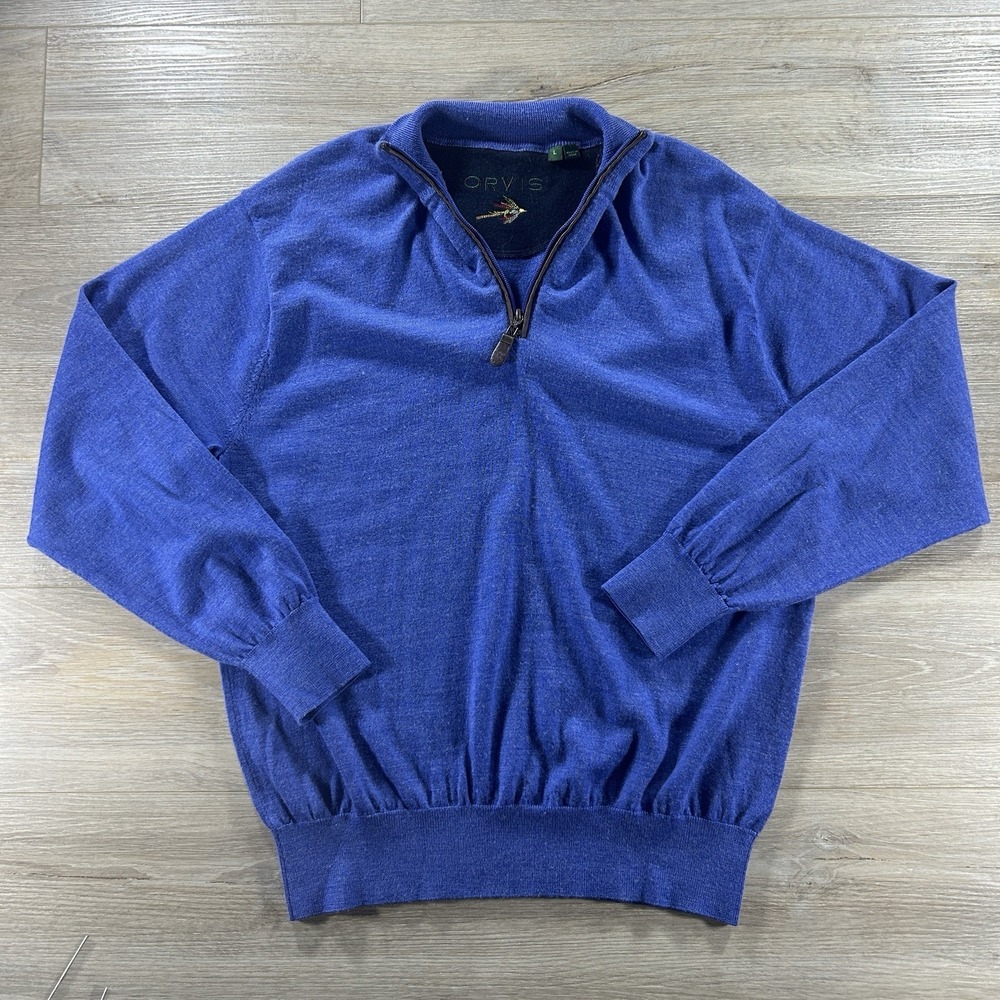 Orvis Sweater Mens Large Blue Merino Wool Quarter Zip Mock Neck Knit Pullover